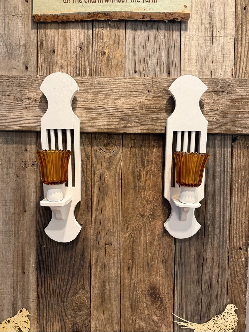 Vintage Cottage White Wood Wall Sconces with Amber Glass Votive Holders - Pair